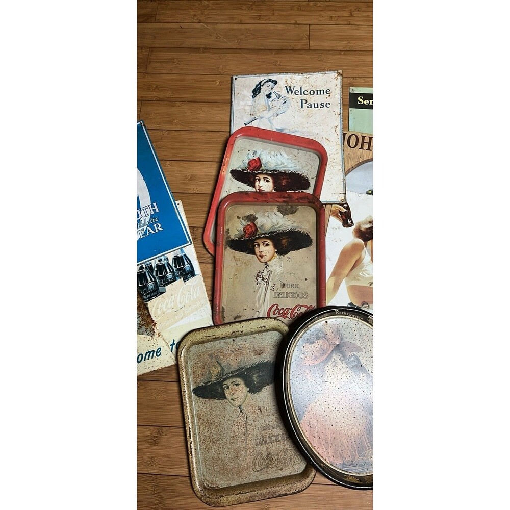 Lot of 20 Vintage Metal Tin Signs Trays Coca- Cola All Shapes and Sizes